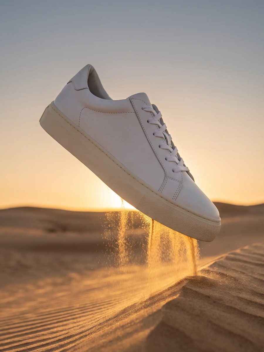 A white unbranded leather sneaker floating above desert dunes at sunset