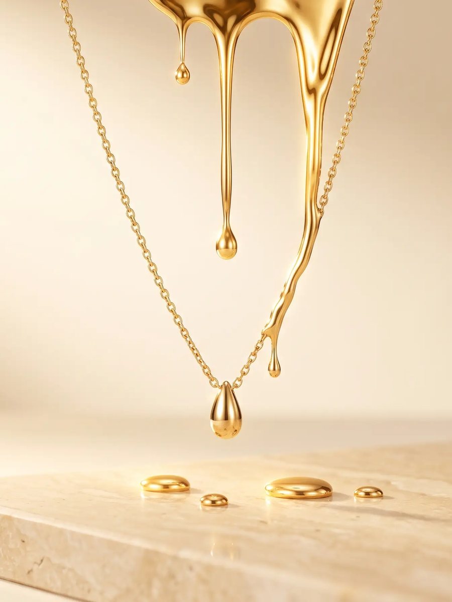 A fine gold necklace forming from a stream of molten gold above a travertine slab