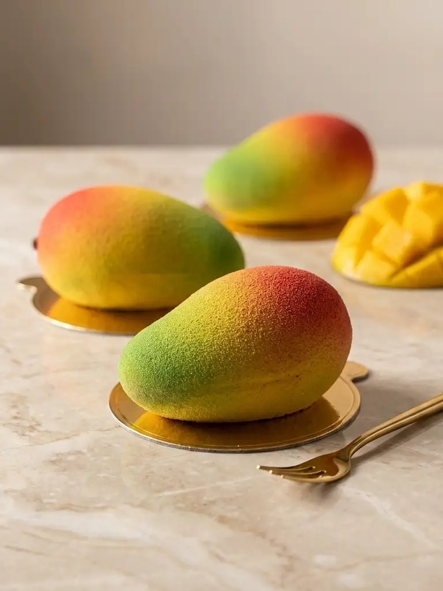 Mango-shaped patisserie desserts on gold plates on a beige marble counter