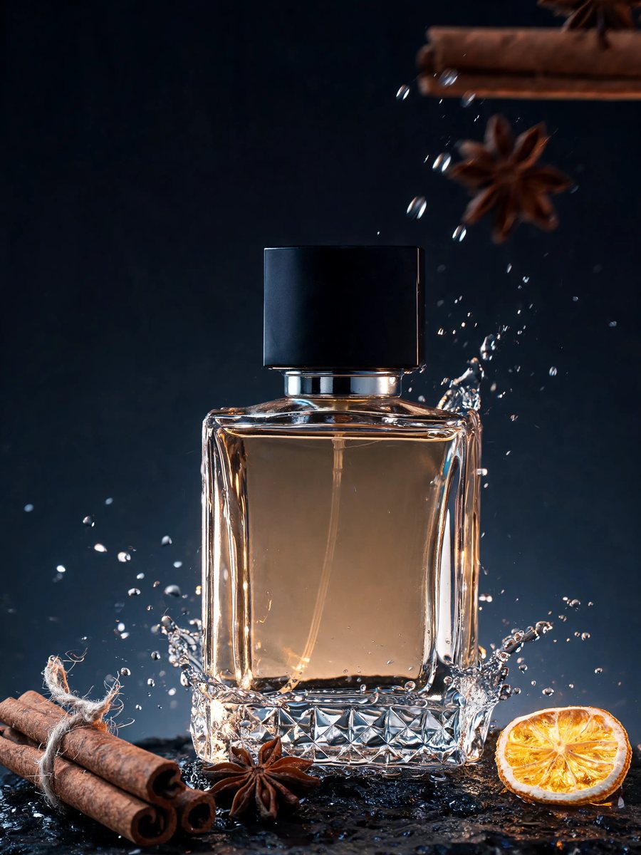 An unbranded perfume bottle on dark stone with cinnamon, star anise and orange