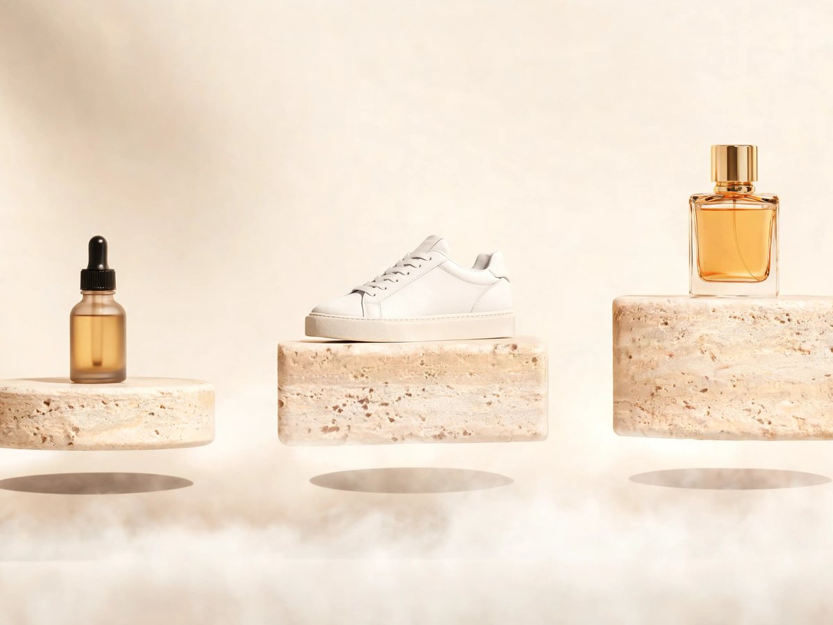 A serum bottle, a white sneaker and a perfume on travertine plinths