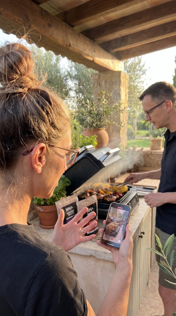 Behind the scenes of a UGC shoot, filming a Ninja Woodfire grill on a phone in an outdoor kitchen
