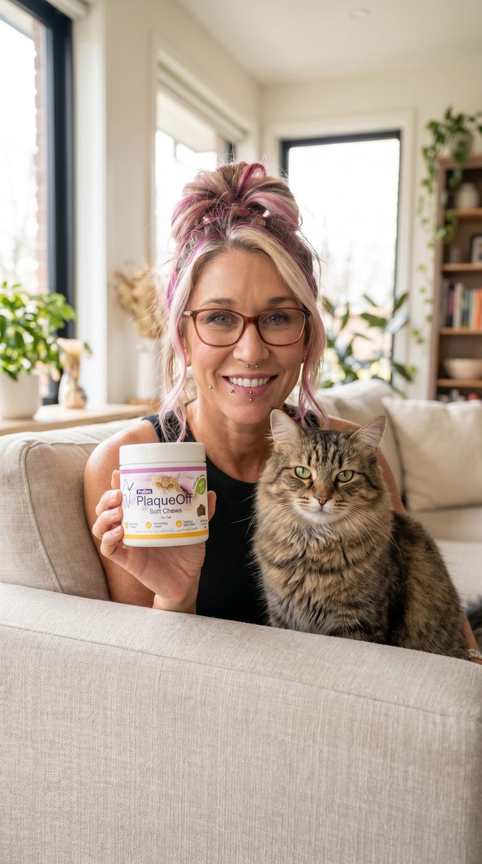 UGC creator on a sofa with her tabby cat, holding a jar of ProDen PlaqueOff soft chews