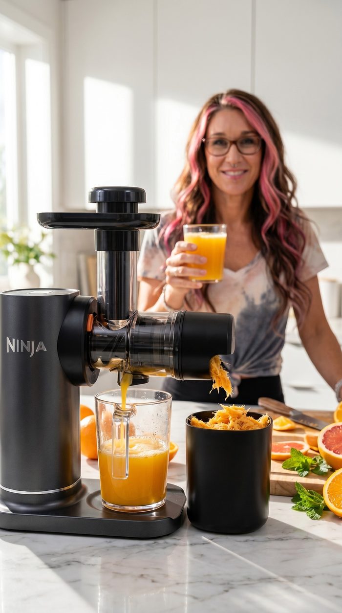 Ninja slow juicer pouring fresh orange juice in a bright kitchen