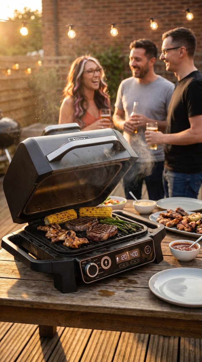 Friends laughing at a summer barbecue around a Ninja Woodfire grill