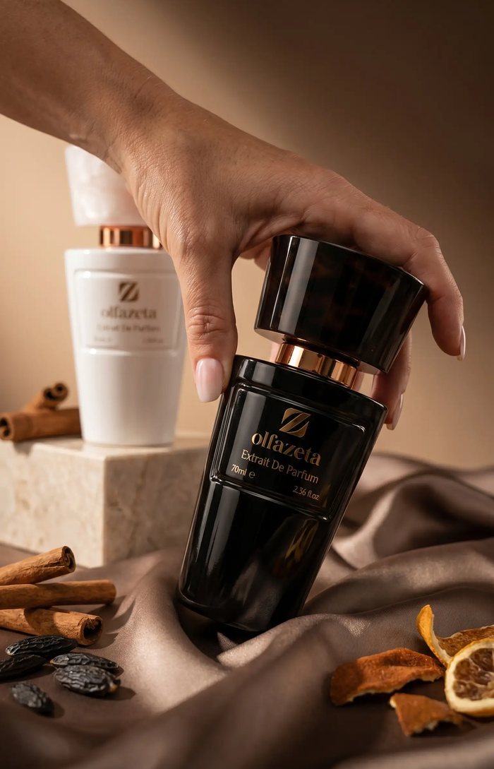 A hand placing a black perfume bottle on dark silk among cinnamon and dried citrus
