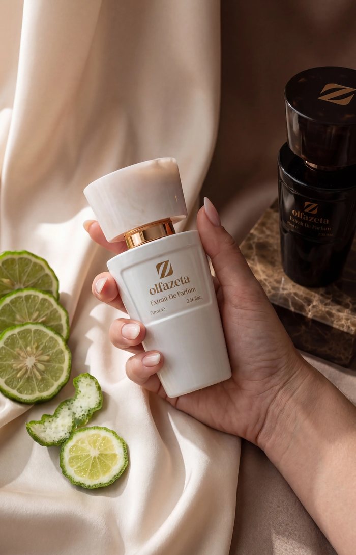 A hand holding a white perfume bottle on champagne silk with sliced citrus